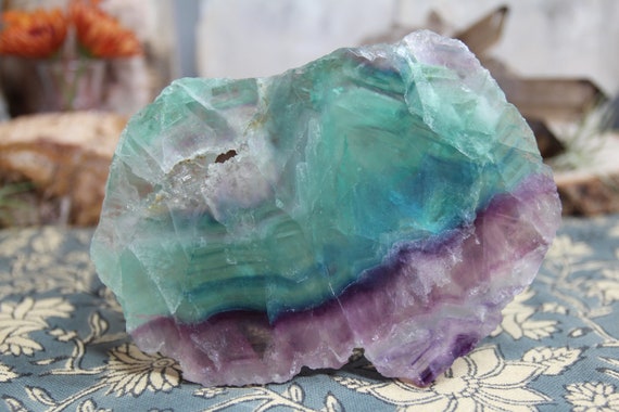 AA+ Chevron Fluorite Crystal Slab from Mexico, 13.3 oz Crystal Slice with Geode and Rainbows