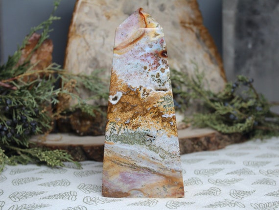 AAA+++ 1.29 lb Ocean Jasper Obelisk with Druzy, 20.7 oz Polished Tower from Indonesia