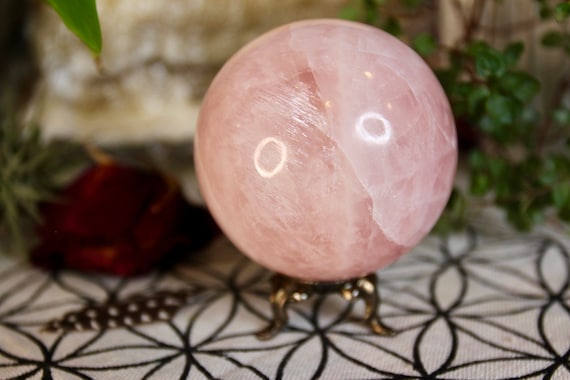67mm Rose Quartz Crystal Sphere with Rainbow Foils, 14.1 oz
