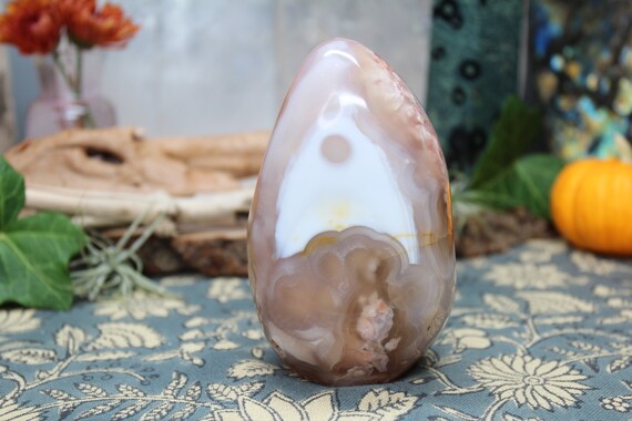 A+ 1.14 lb Flower Agate, Polished Freeform with Crystal Flat base, 18.3 oz