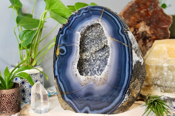 Blue & Black Agate Geode Slice from Brazil, 164.7 oz