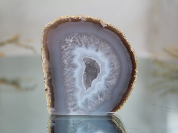 AAA+ Agate and Druzy Geode Slice from Brazil, 7.8 oz Mini Geode Stone with Flat Base