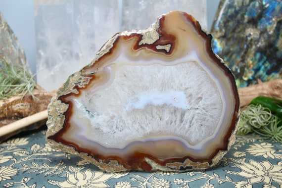 AA+ Brown Agate and Clear Quartz Crystal Slice with Rainbows, 10.7 oz Crystal From Brazil, Energetically Cleansed