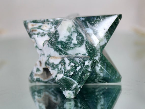 Moss Agate Polished Merkaba Stone, AA+ Quality 6.6 oz Carved Tree Agate from Brazil, High Vibration Stone