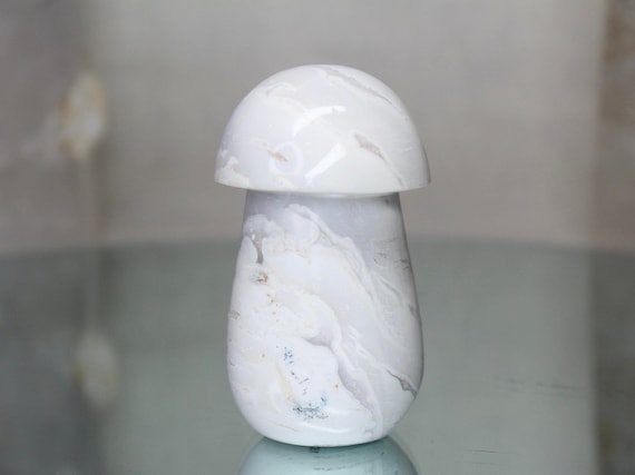 Snow Agate and Dendritic Agate Crystal Carved Mushroom with Druzy, 7.1 oz A+ Quality Crystal Mushroom from Indonesia