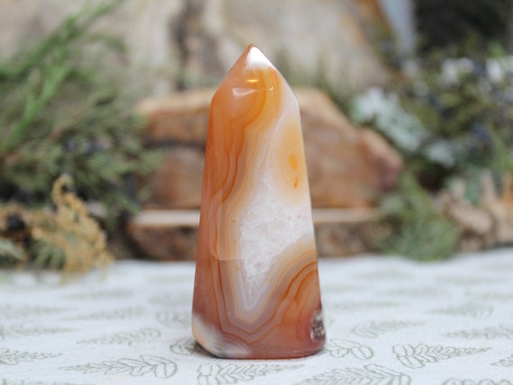 AAA+ Banded Carnelian Crystal Generator Point with Clear Quartz and Rainbows, 4.2 oz Polished Crystal from Indonesia