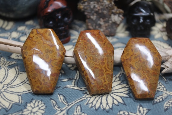Tan & Beige Orbicular Jasper Crystal Coffin, 28-35g Polished Stone Carving from Indonesia