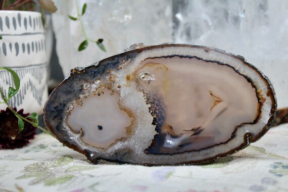 Grey and Black Agate with Clear Quartz Crystal Slice , Mini Druzy Geode in Crystal Slice , 4.8 oz