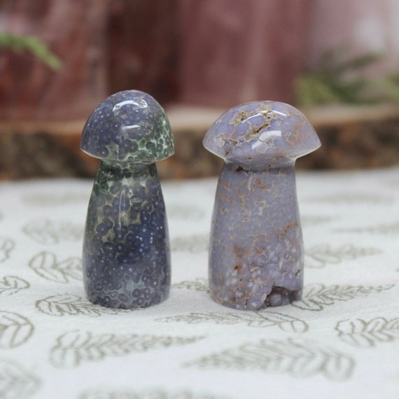 A+ Grape Agate Mushroom Pair with Druzy, 1.7 oz Carved Purple Crystal Mushrooms from Indonesia