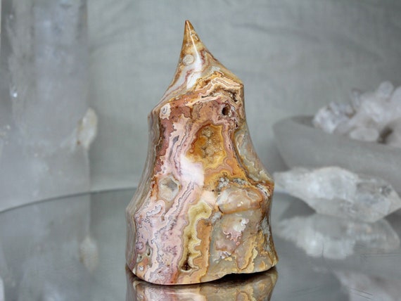 Crazy Lace Agate Flame with Druzy, AAA+++ Gem Quality, 22.0 oz High Quality, Rare Agate Crystal with Quartz from Indonesia, Energy Cleansed