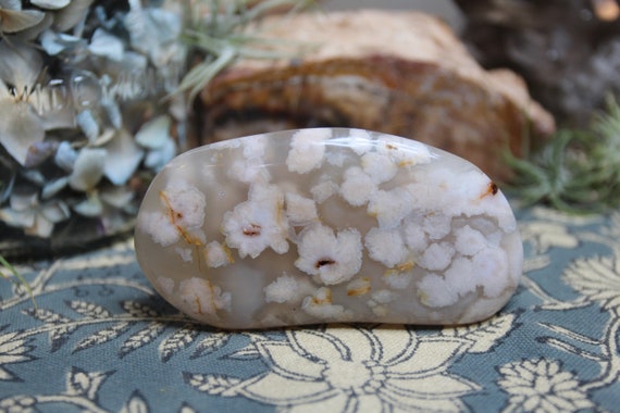 A+ Flower Agate Polished Crystal Palmstone, 3.2 oz stone from Brazil