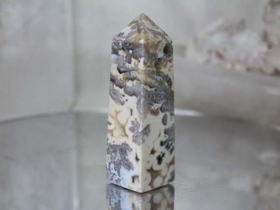 Flower Agate and Quartz Crystal Obelisk with Druzy, AA Quality, 6.5 oz Crystal Tower from Indonesia, High Vibration, Energy Cleansed