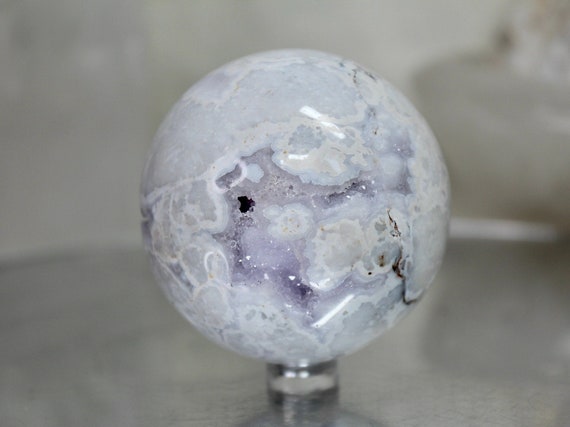 66.5 mm Purple Snow Agate Crystal Sphere w/ Druzy, 12.4 oz AAA Quality Rare Crystal from Indonesia, Energy Cleansed, Reiki Charged Ball