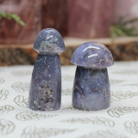 AA+ Grape Agate Mushroom Pair with Druzy, 2.0 oz Carved Purple Crystal Mushrooms from Indonesia