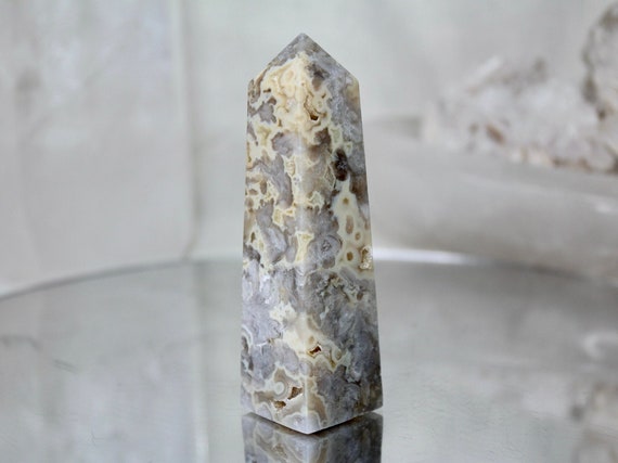 Flower Agate and Quartz Crystal Obelisk with Druzy, AA+ Quality, 5.4 oz Crystal Tower from Indonesia, High Vibration, Energy Cleansed