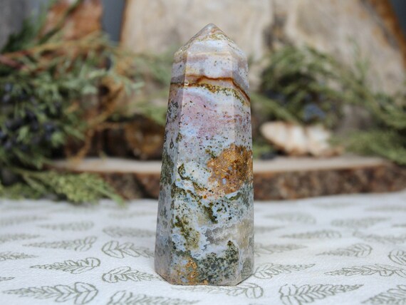 AAA+ Ocean Jasper Tower with Druzy and Clear Quartz, 4.6 oz Polished Generator Point from Indonesia