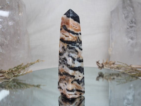 RARE Zebra Jasper Crystal Obelisk with Quartz and Druzy, AAA+ Quality, 14.1 oz Rare Jasper Tower from Indonesia
