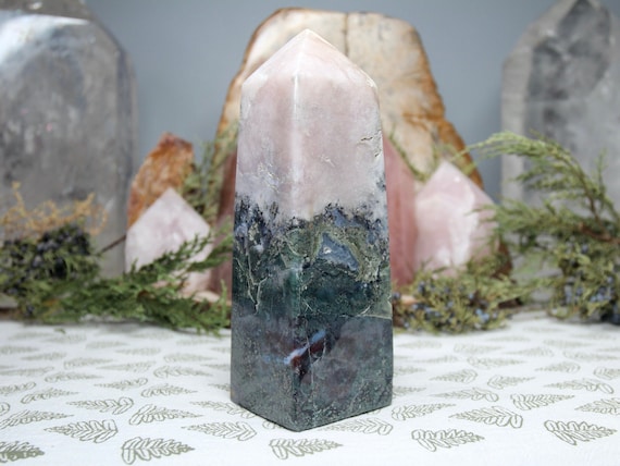 AA+ 1.86 lb Moss Agate and Bloodstone Quartz Tower with Druzy, 29.8 oz Polished Agate Obelisk from Indonesia