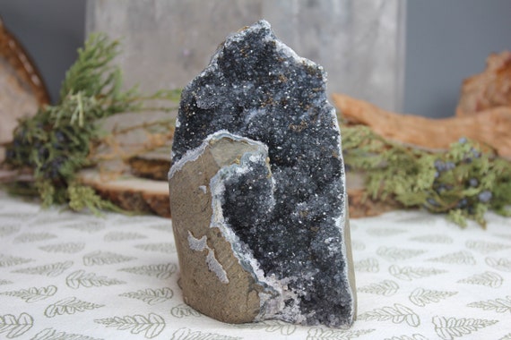 AAA++ Deep Grey Rainbow Amethyst Cluster with Druzy Specimen, Raw Agate Edge, Spiritual Energy, 26.4 oz from Brazil