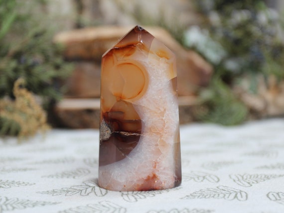 AA+ Carnelian Crystal Generator Point with Clear Quartz and Rainbows, 4.0 oz Polished Crystal from Indonesia