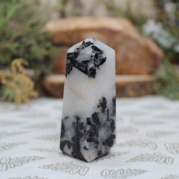 A+ Black Tourmaline in Quartz Crystal Tower, Schorl, All Polish Obelisk Point, 3.4 oz from Brazil