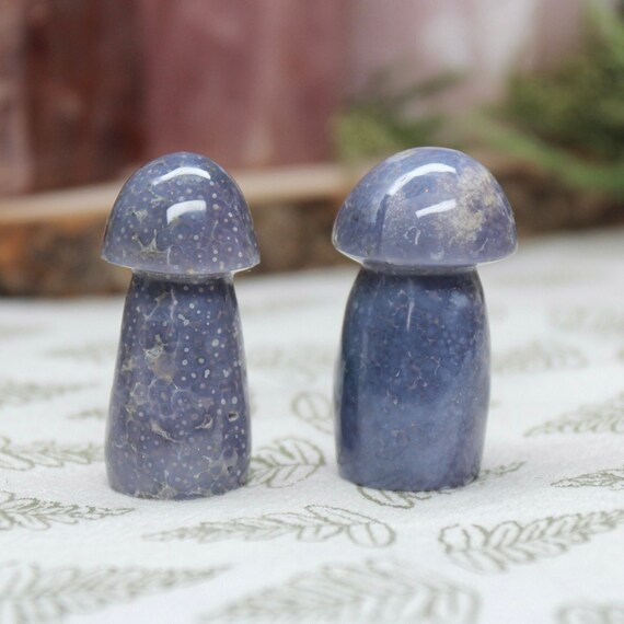 A++ Grape Agate Mushroom Pair with Druzy, 1.8 oz Carved Purple Crystal Mushrooms from Indonesia