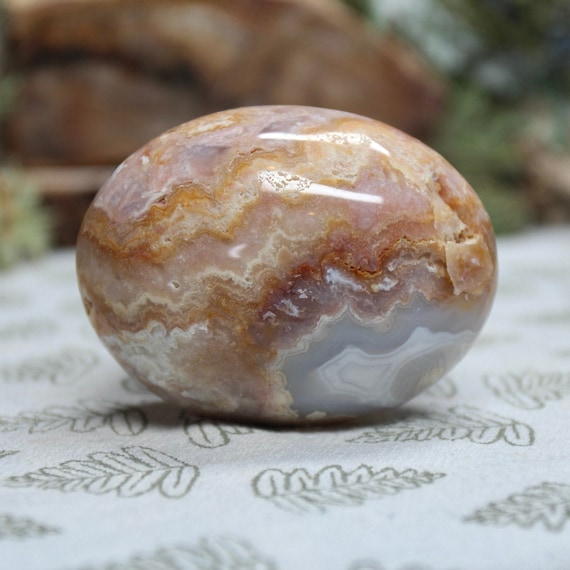Rare AA++ Pink Lace Agate Crystal Palmstone, 4.2 oz Polished Large Palmstone, Hand Stone from Indonesia