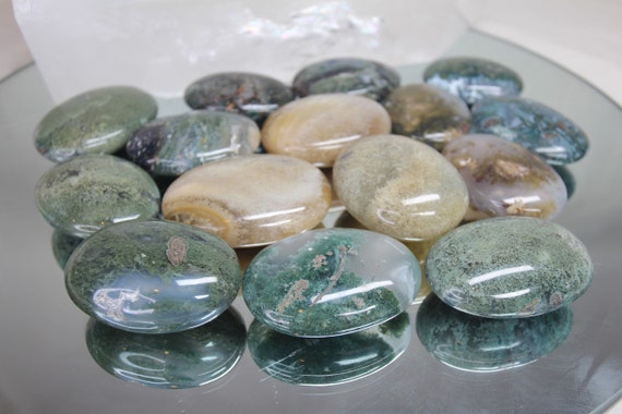Lg Moss Agate Palmstones with Druzy, "Stone for Growth", A-AA+ Quality, ~3 oz Polished Crystal Soapstone Lot from Indonesia