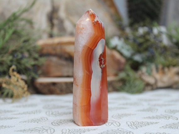 AAA+ Banded Carnelian Crystal Generator Point with Clear Quartz and Rainbows, 3.4 oz Polished Crystal from Indonesia