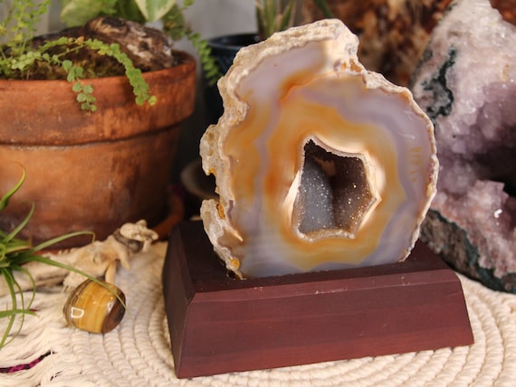 AA+ White and Orange Agate Geode Slice with Druzy on Wood Base, 53.5 oz