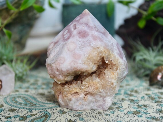 AAA++ Pink Flower Amethyst and Clear Quartz, Top Polish and Raw Edge Crystal Generator Point, 11.9 oz from Brazil