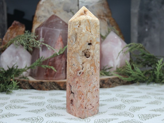 AAA+ Natural Crazy Lace Agate Tower with Druzy, 7.8 oz Rare Pink Agate Obelisk from Indonesia