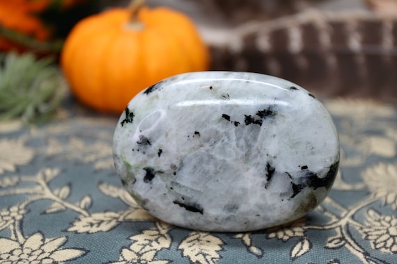 A+ Rainbow Moonstone Crystal Palm Stone with Tourmaline and Inclusions , 5.1 oz Crystal from Brazil
