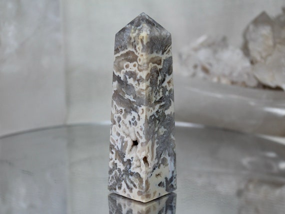 Flower Agate and Quartz Crystal Obelisk with Druzy, AAA Quality, 8.4 oz Crystal Tower from Indonesia, High Vibration, Energy Cleansed