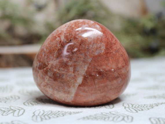 Peach Moonstone Crystal Palm Stone with Rainbows, 5.9 oz A+ Polished Soap Stone from Brazil
