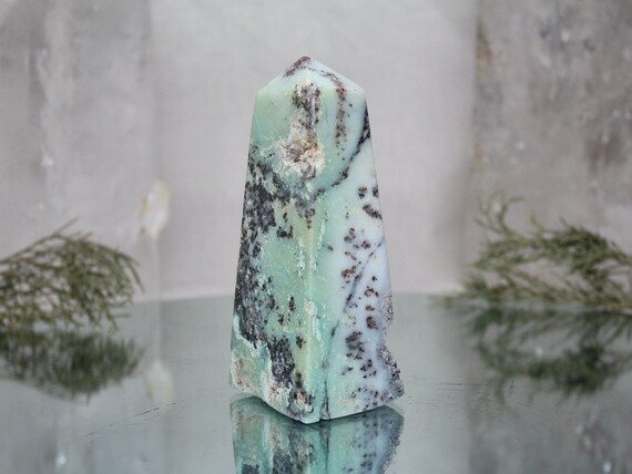 0.67 lb Dendritic Agate and Chrysoprase Crystal Obelisk, AAA+ Quality Rare Stone, 10.8 oz Chrysoprase Tower from Indonesia