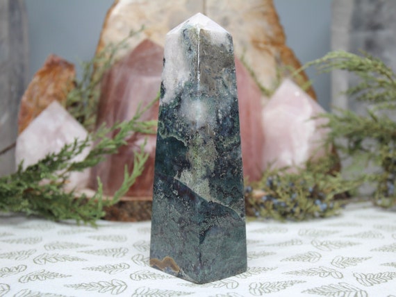 A+ 0.72 lb Moss Agate and Bloodstone Tower with Druzy, 11.6 oz Polished Agate Obelisk from Indonesia