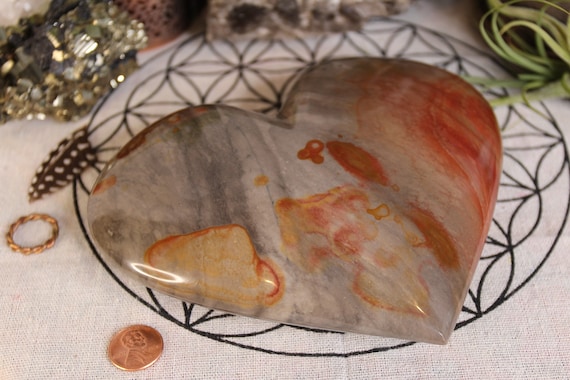 2.48 lb Grey and Red Polychrome Jasper Crystal Carved Heart, 39.7 oz