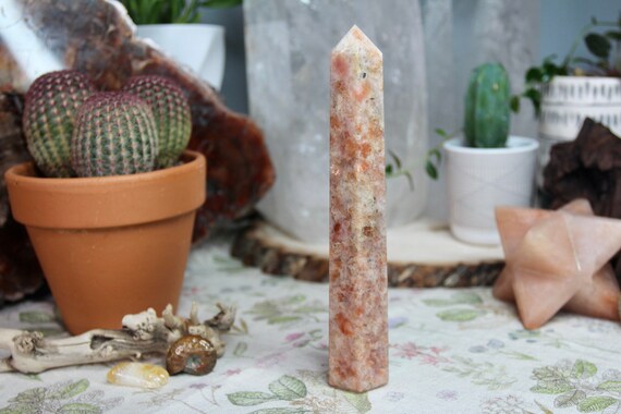 AA+ Sunstone Crystal All Polish Tall Generator Point with Amazing Rainbows, 7.8 oz