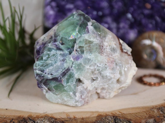 Tricolor Chevron Fluorite Generator Point with Rainbows from Brazil, Top Polish And Raw Edge, 8.7 oz A Quality Crystal Point