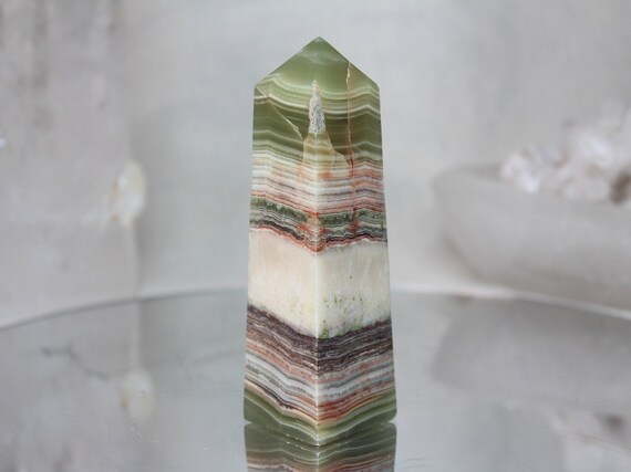 Green Banded Calcite Obelisk, AAA Quality, 7.2 oz Polished Calcite Tower from Indonesia, High Vibration, Reiki Charged, Free Fast Shipping