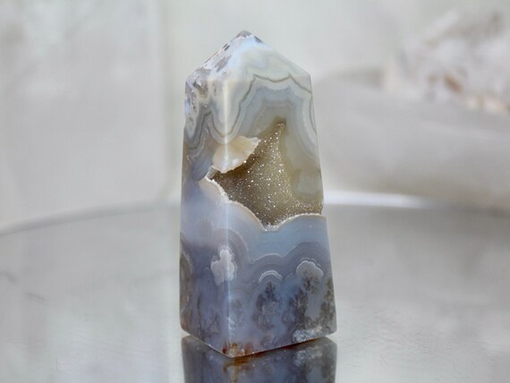 Flower Agate and Quartz Crystal Obelisk with Druzy, AAA++ Quality, 6.5 oz Crystal Tower from Indonesia, High Vibration, Energy Cleansed