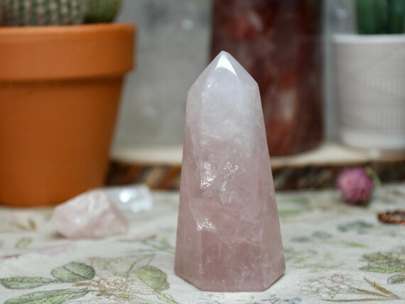 AAA+ Rose Quartz All Polish Crystal Generator Point with Rainbow Foils, 6.3 oz