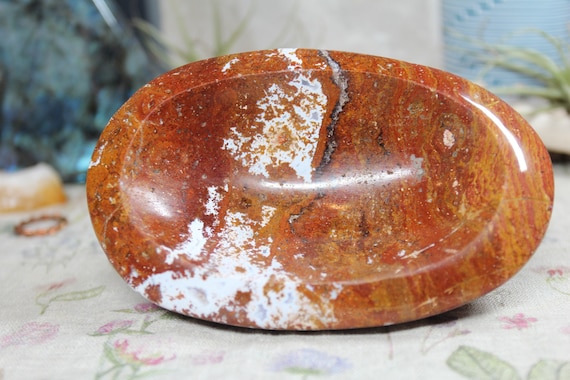 AA+ Speical Red Jasper with White Aragonite and Clear Quartz Vein, Polished Crystal Bowl,  Great for Crystal Grids, 18.6 oz