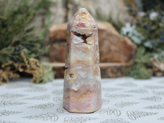 Rare AAA++ Natural Pink Lace Agate Generator Point with Druzy, 4.2 oz Polished Point from Indonesia