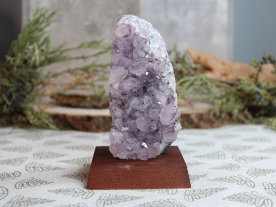 Ultra Pale AA++ Amethyst Cluster on Agate Stone Matrix with Calcite and Druzy on Wood Base, 6.2 oz Crystal on Base from Brazil