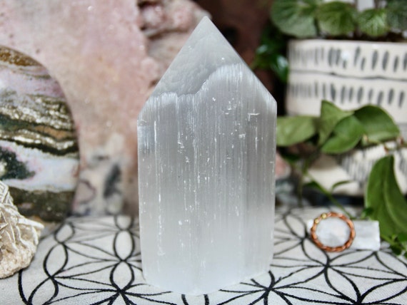 A+ Selenite Crystal Generator Point, Top Polish and Raw Edge,  14.3 oz Selenite from Brazil