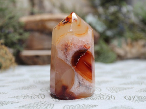 AAA+ Carnelian Crystal Generator Point with Clear Quartz and Rainbows, 5.1 oz Polished Crystal from Indonesia