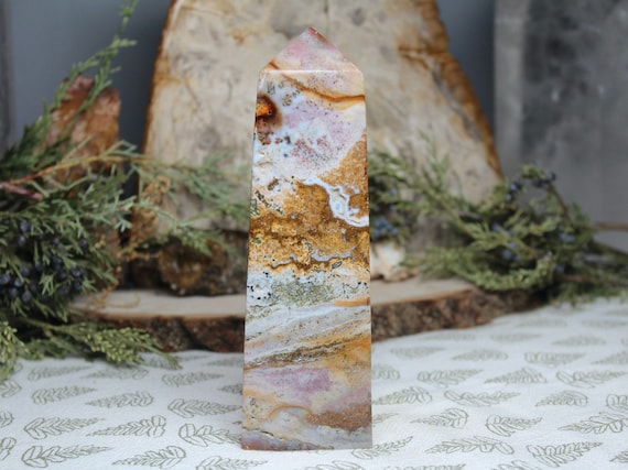 AA++ Ocean Jasper Obelisk with Druzy, 14.5 oz Polished Tower from Indonesia