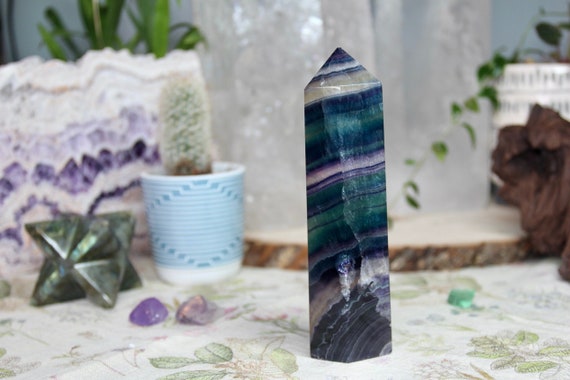 AAA+ Tricolor Banded Fluorite All Polish Generator Point with Rainbows from Brazil, 11.8 oz